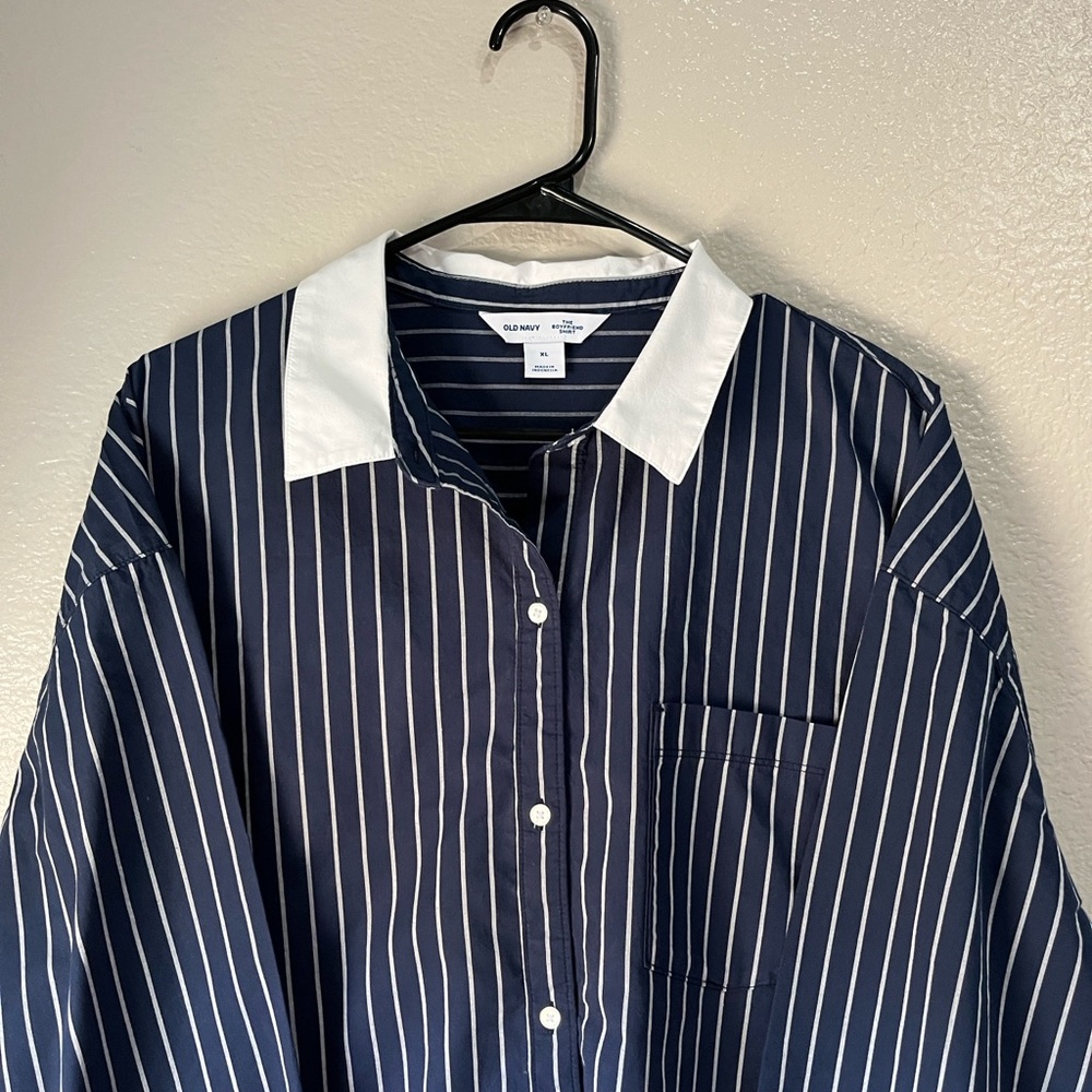 Old Navy Navy Pinstripe Button-Down Boy Friend Shirt White Collar Cuffs Sz XL - Picture 3 of 6